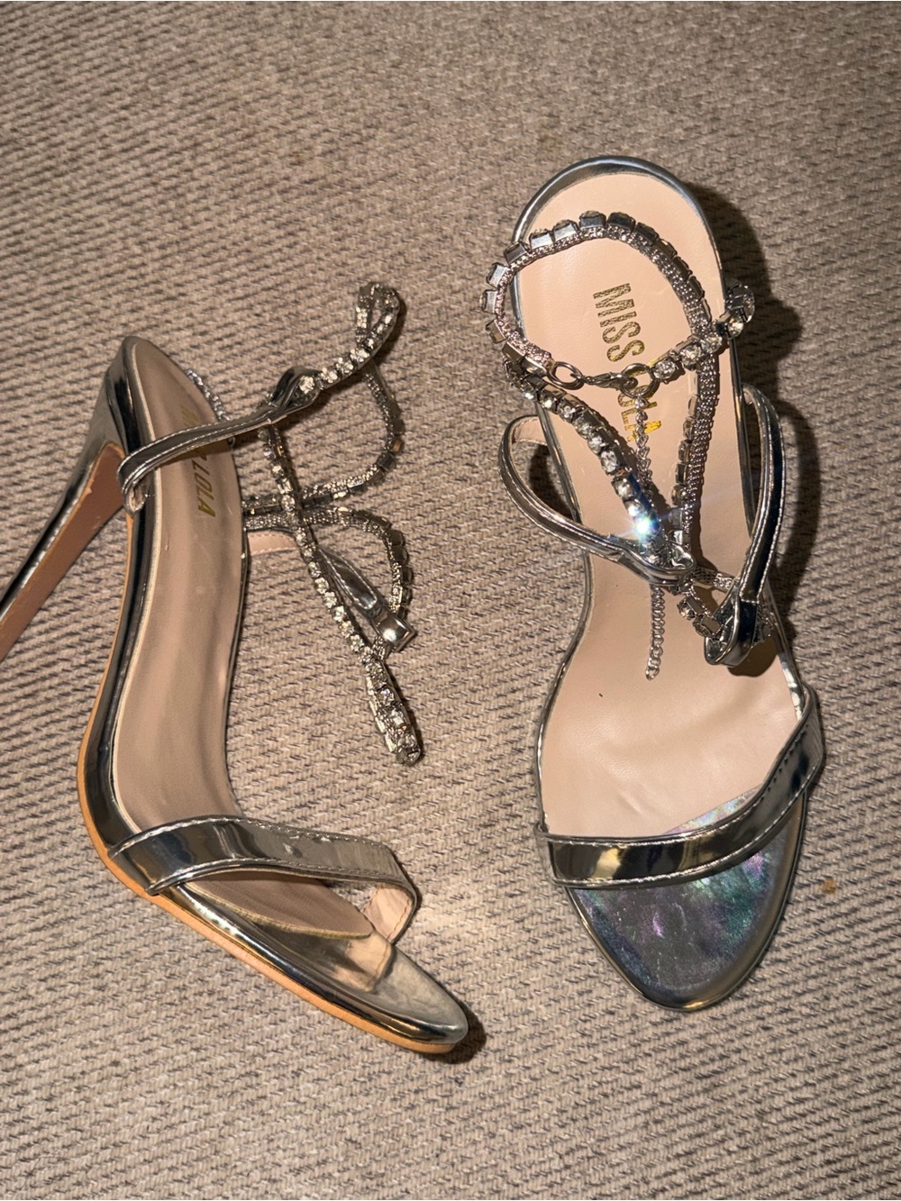 Miss Lola Iridescent Silver Rhinestone Strappy Stiletto Heels